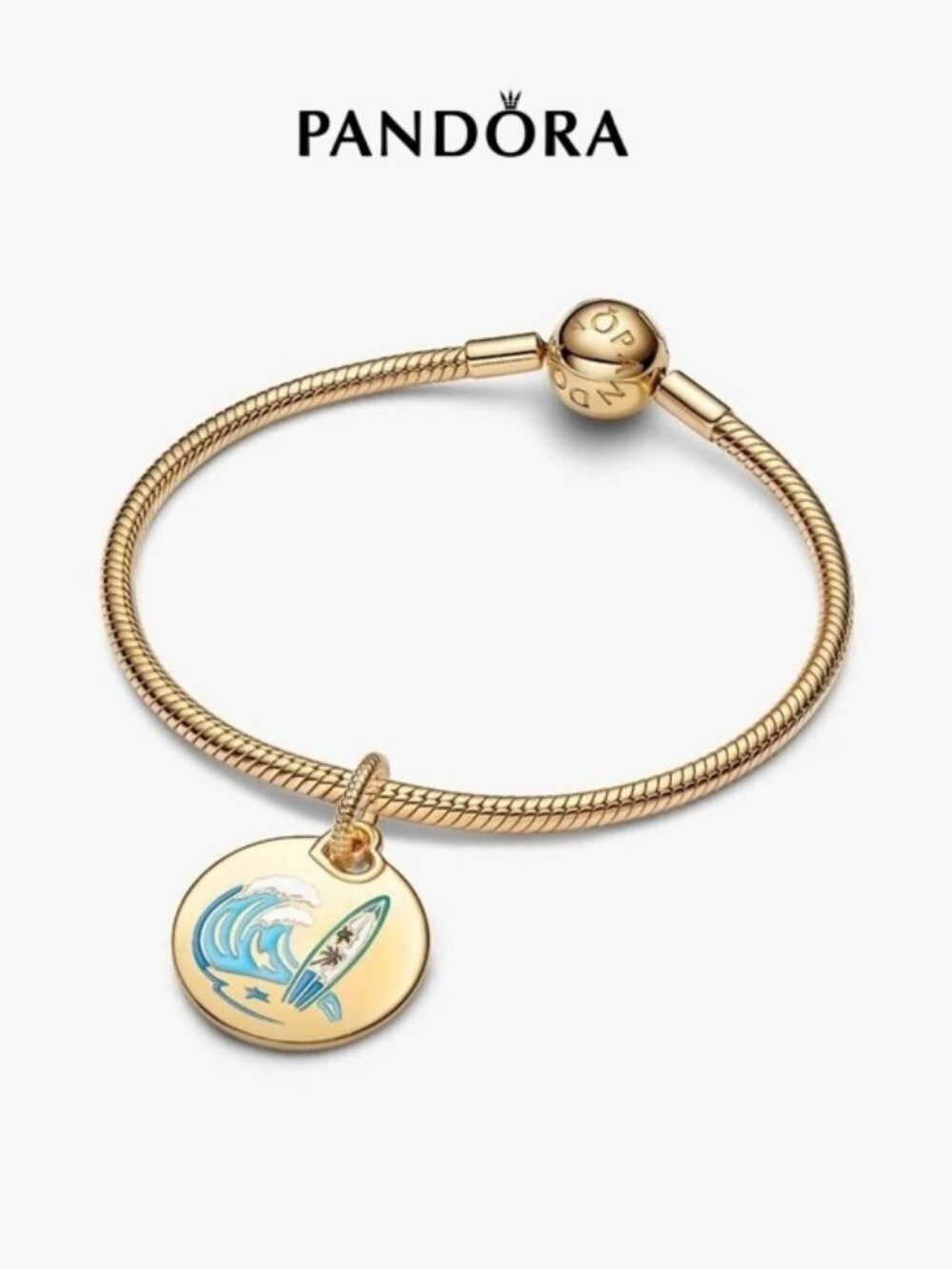 Pandora Gold Surf Wave Charm Bangle with Blue and Green Enamel